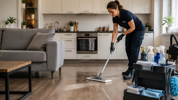 Beitragsbild: Gestresste Person bei der Wohnungsreinigung mit verstreuten Putzmitteln und chaotischer Reinigungssituation im Wohnzimmer