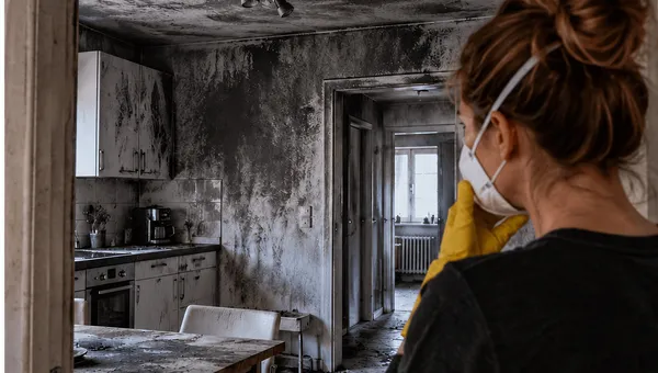 Russ an Wand und Decke nach einem Brand in der Wohnung
